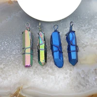 1pcs plated rainbowblue wire wrapped titanium quartz pendantsnatural crystal stick point necklace diy jewelry accessories