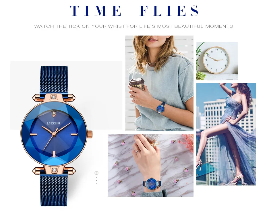 MEGIR роскошные женские часы Reloj Mujer синие сетчатые часы из нержавеющей стали элегантные женские часы-браслет женские часы