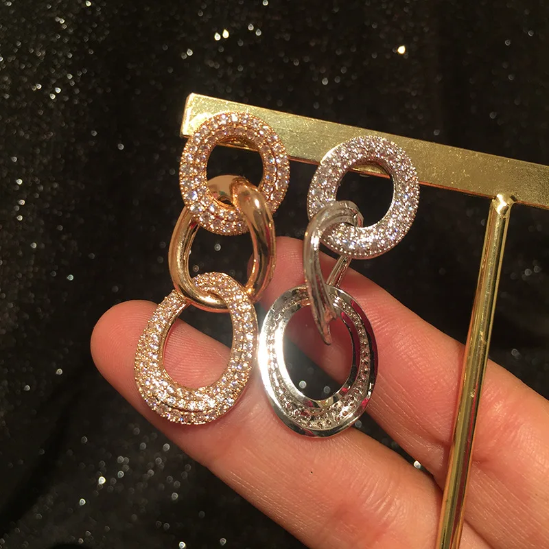 

S925 silver needle splicing chain earrings long tassel atmosphere simple micro inlaid zircon creative earrings