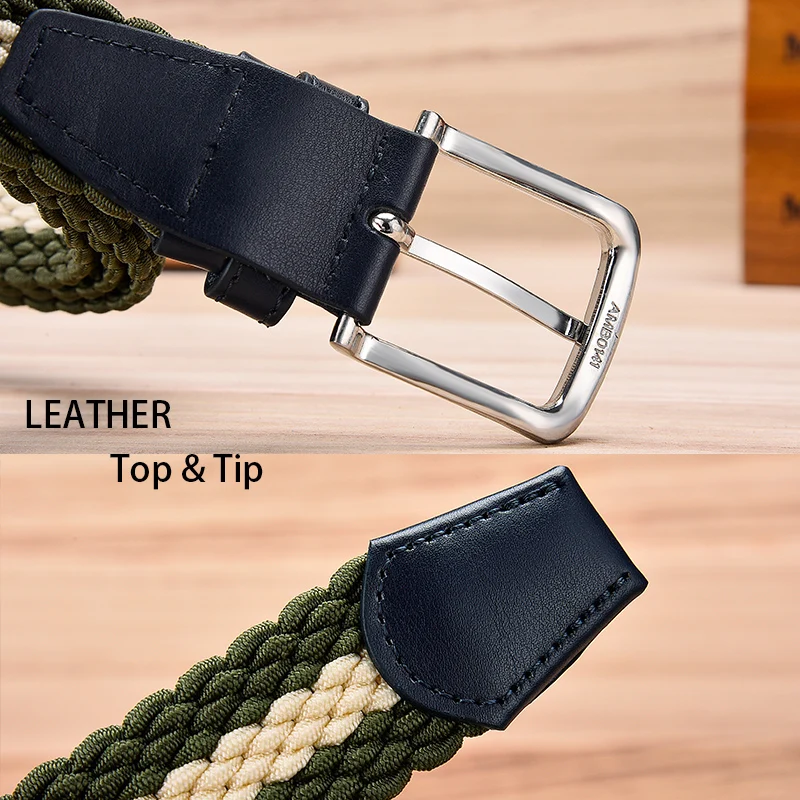 Fashion Casual Stretch Woven Belt With Leather Tip Top Elastic Belts For Men Jeans Mixed Color Braided Strap Zinc Alloy Buckle