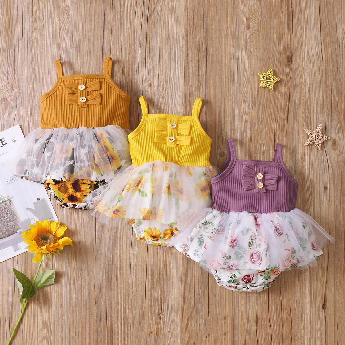 

OPPERIAYA Tulle Bow Cotton Jumpsuit Summer Sunflower Print Square Neck Sleeveless Bodysuit for Kids Baby Girls 0-18 Months