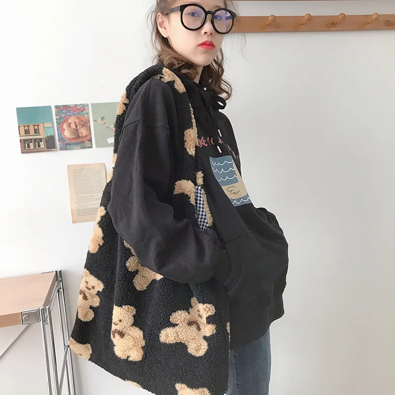 Women Lamb Like Fabric Shoulder Tote Bag Canvas Fluffy Fur Bear Handbags Large Capacity Soft Shopping Bags Girls Cute School Bag