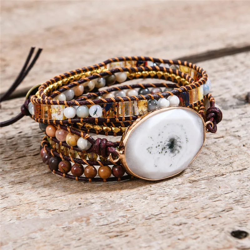 

Handmade Spiritual Leather Wrap Bracelets W/ Mix Stone Heart Shape 5 Strands Bracelet Classic Jewelry Bijoux Drop
