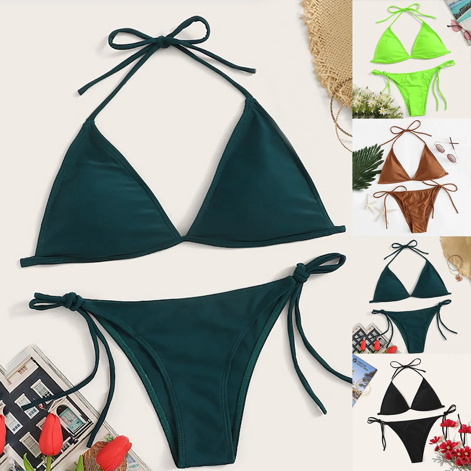 

Women's Swimwear new Solid color garland Sexy High Breast Contrast Gradient Split Bikini Set One Piece Swimsuit косм женский