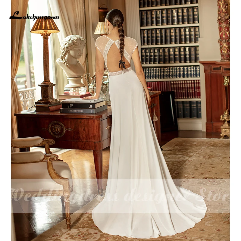 

Lakshmigown Simple Wedding Dresses V-neck Cap Sleeves Robe de Mariage Sweep Train Open Back Chiffon Bridal Gown vestido de novia