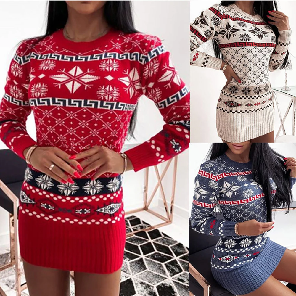 

2021 Autumn Winter New Sweater Female European And American Women's Christmas Diamond Knitted Long Sleeve Slim Dress