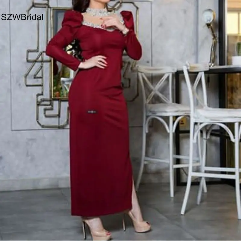 

New Arrival Satin Burgundy Long sleeve evening dresses Tea length Dubai Arabic Muslim evening dress 2023 vestido largo elegante