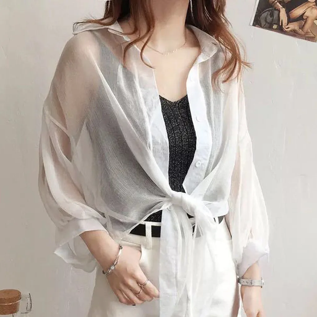 

Women Blouses 2020 Summer Chiffon Turn-down Collar Solid Color Short Batwing Sleeve Shirt Sunscreen Outdoor blusas mujer de moda