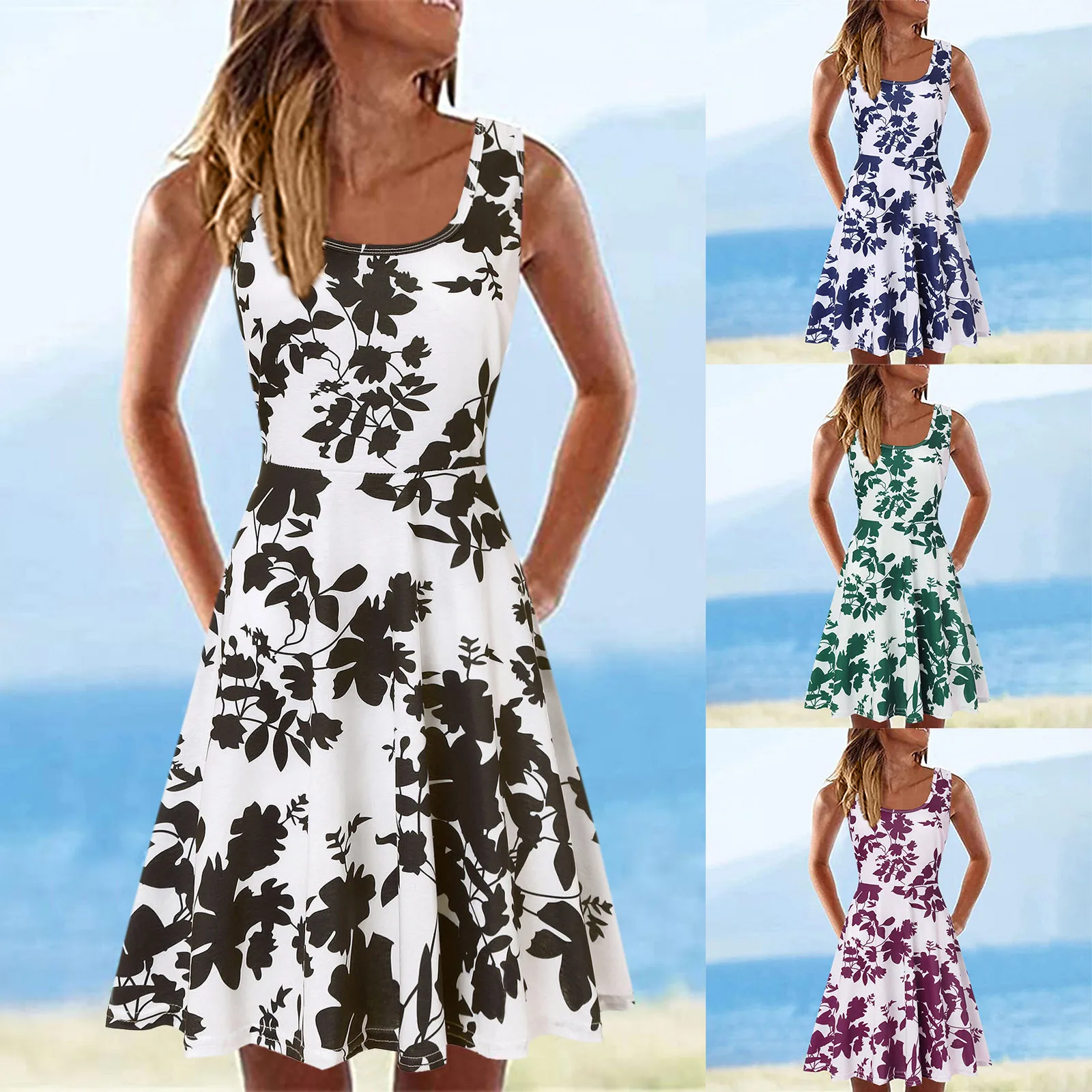 Backless Ladies Summer Dress Sexy Sleeveless U-Neck A-line Short Casual Sundress Floral Printed Loose Vintage Women Dresses