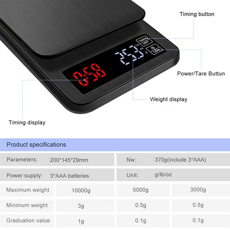 

LED Digital Electronic Drip Coffee Scale with Timer 3kg 5kg 0.1g Digital coffee weight Household Drip Scale Timer