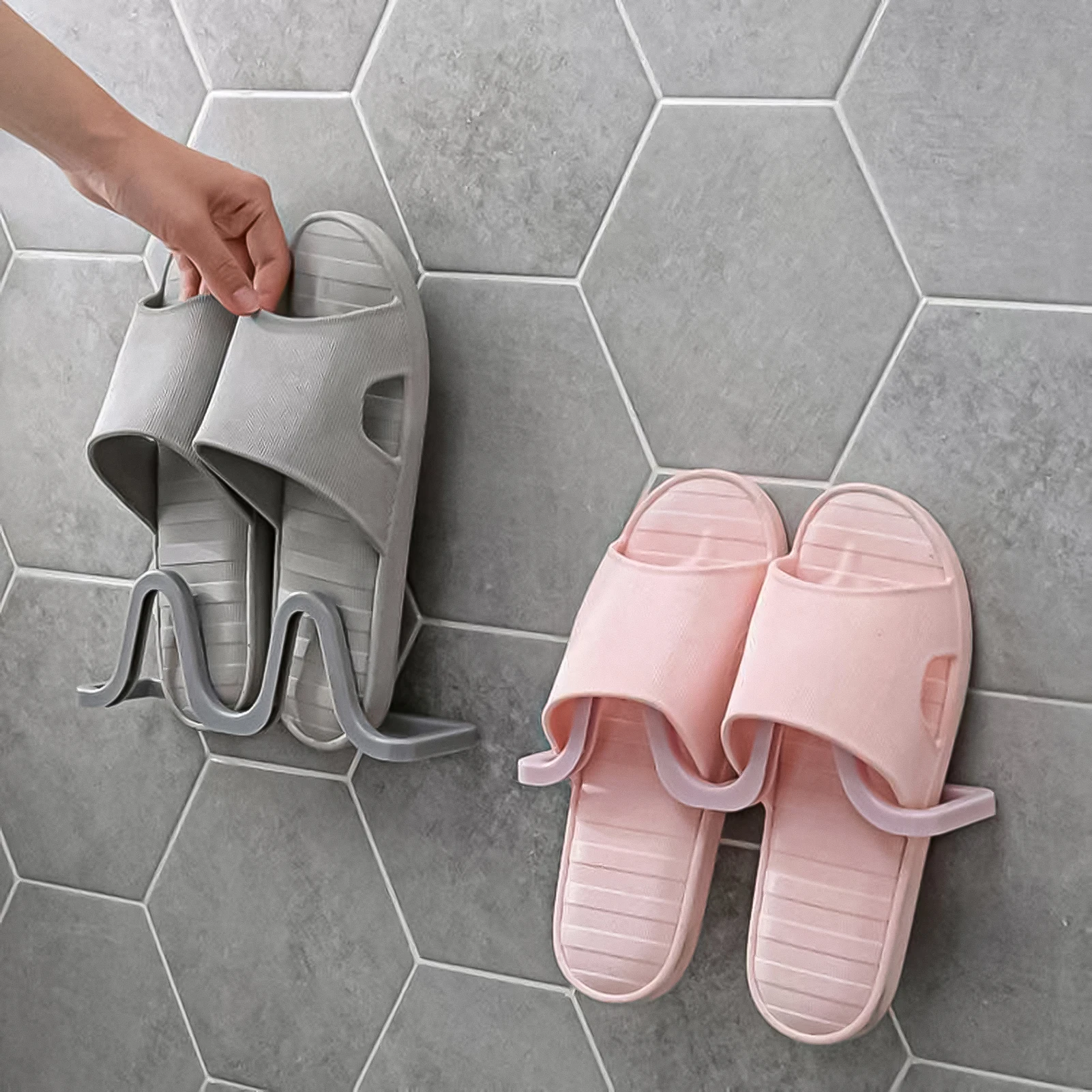 

Wall Mounted Shoe Rack Bathroom Slippers Hanger Free Punch Adhesive Slippers Shelf Space Saving Shoe Holder Plastic Organizer