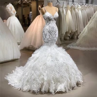 robe de mariage mermaid long wedding dress spaghetti vestido de fiesta de boda feathers wedding dress long ostrich