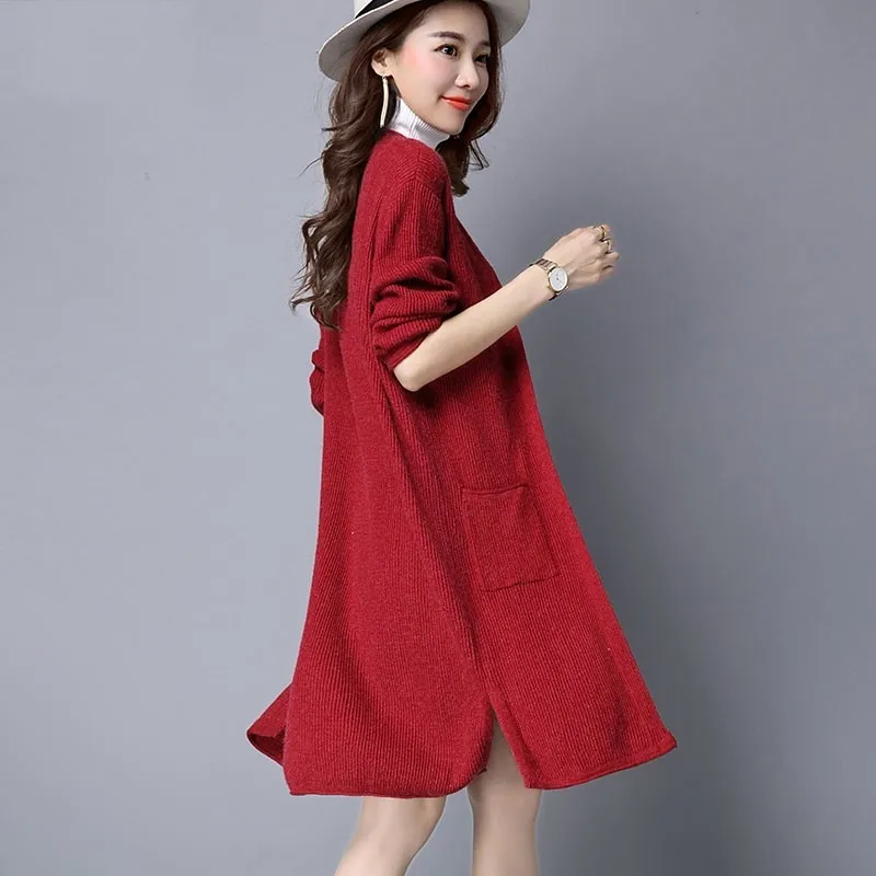 Корейский Свободный трикотажный свитер пальто длинный кардиган женская зимняя