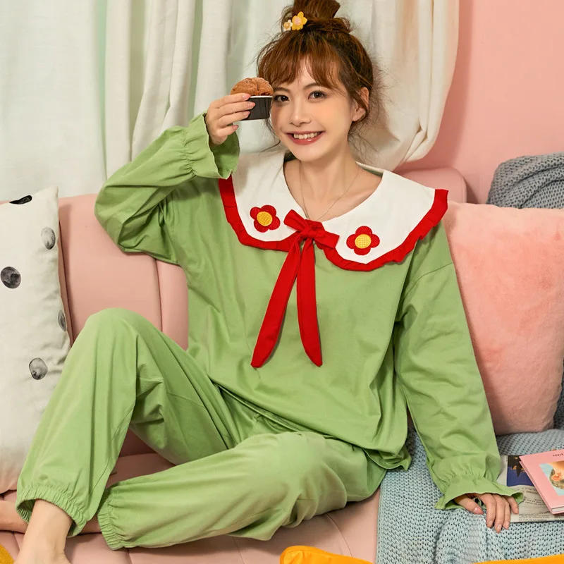 

Red 2PC Young Lady Pajama Set Cute Peter pan Collar Sleepwear Autumn Cotton Flower Print Pyjama Sweet Bow Ruffles Trim Nightwear