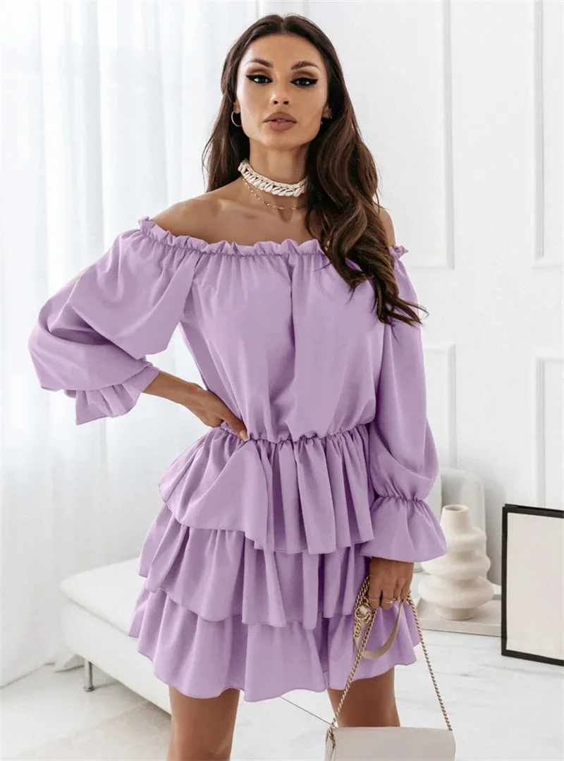 

New Women Solid Color Dress Sexy Women Ruffles Summer Dress Long Sleeves Spring Dress 6ColorsTo Choose Drop Shipping