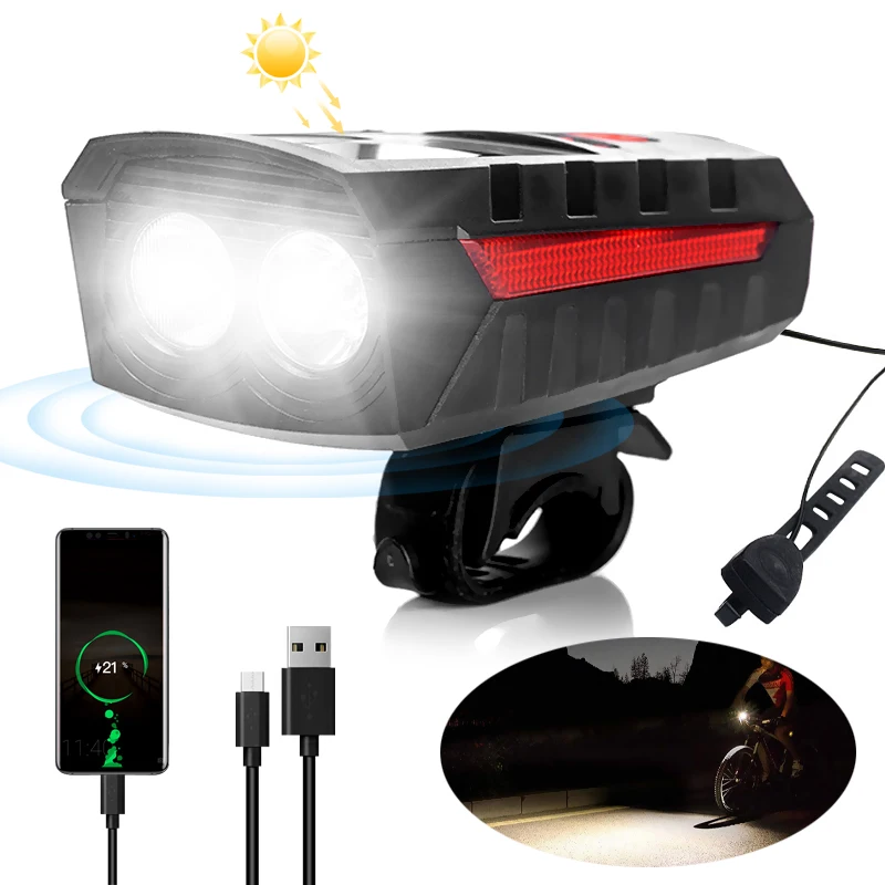 

Велосипесветильник светодиодный фонарь на солнечной батарее, 2 * T6, зарядка через USB, Головной фонарь с внешним аккумулятором для горных и до...