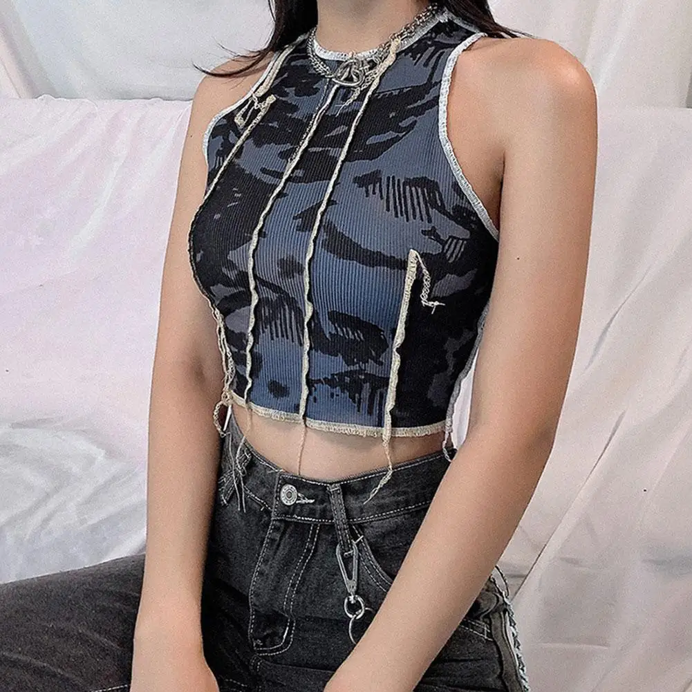 

bodycon tie-dye casual tanque superior feminino gótico tricô rua colheita de verão clube topos camisola femm mangas sem ret L9O3