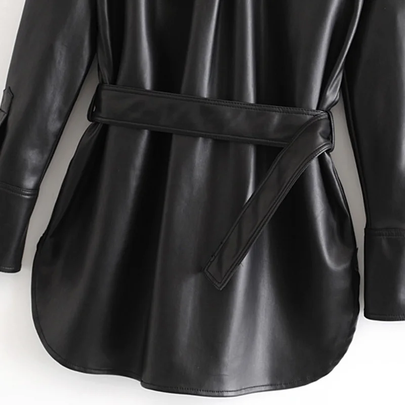 

PU Shirts Women Elegant Tie Belt Waist Pockets Tops Female Ladies Lokar High Imitation Leather Blouses Women Fashion