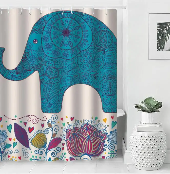 

3D Elephant Shower Curtains Animals Print Polyester Waterproof Bathroom Curtain with 12 Hooks