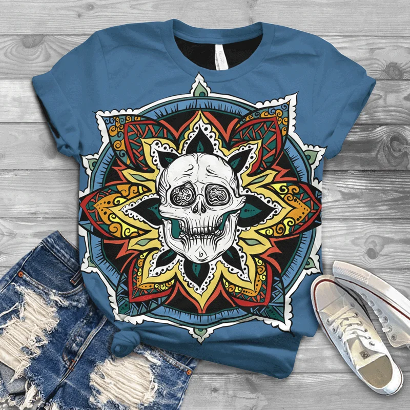 

New 2021 Summer Ladies T-shirt Horror Skull 3D Printed Pattern Casual Top Harajuku Street Ladies T-shirt