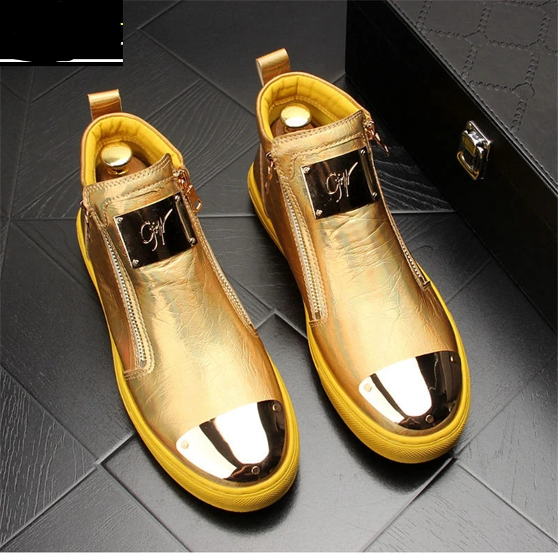 

Gold Leather Men Sneakers Punk Casual Shoes Hip Hop Male High Tops Zip Ankle Boots Flats Zapatillas Hombre
