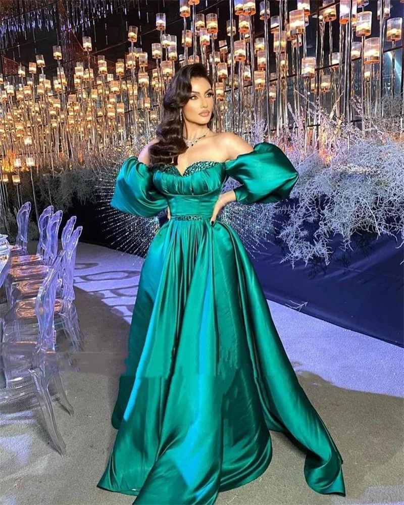 

Dubai Arabic Off Shoulder Green A Line Prom Dresses Beaded Sequined Ruched Satin Pleats Formal Evening Dress Robe De Mariée
