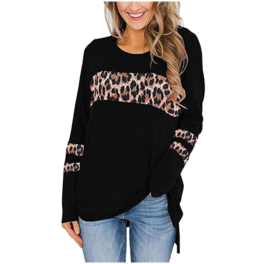 Женская футболка с длинным рукавом и круглым вырезом леопардовым принтом |