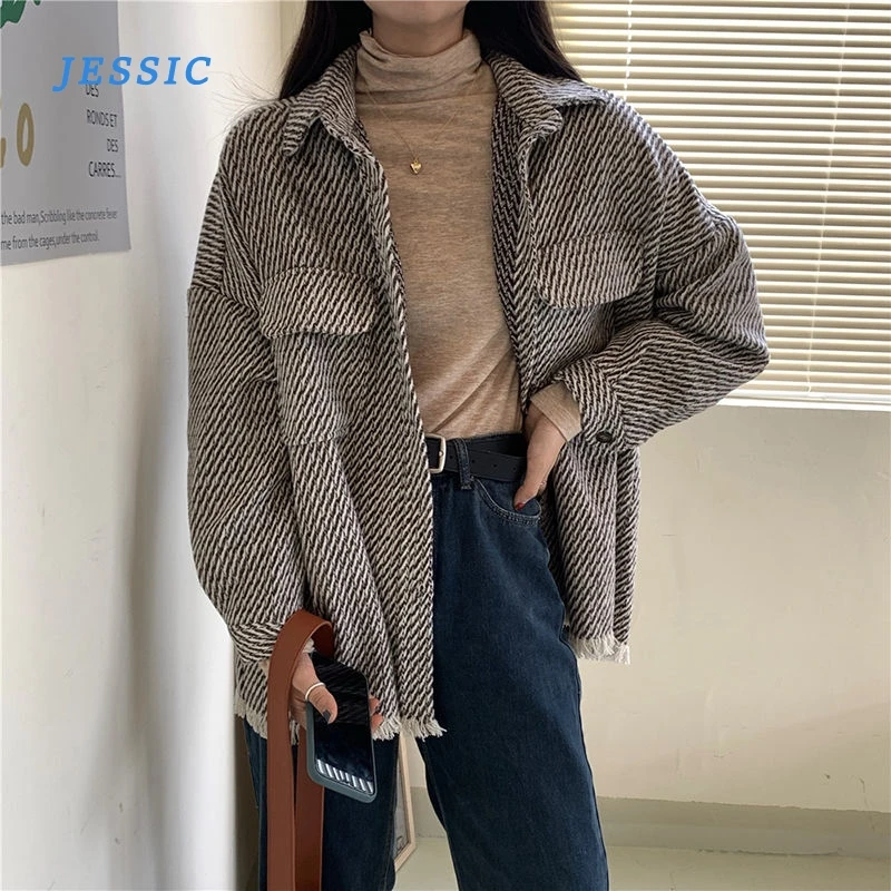 

JESSIC Bella Philosophy Autumn New Retro Houndstooth Shirts Vintage Tassel Loose Wild Long Sleeve Jacket Casual Lady Outwears