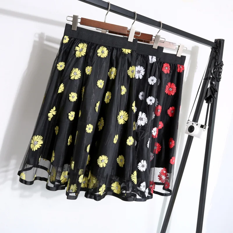  2020 New Spring Summer Vintage Floral Printed Mesh A-Line Tulle Skirts Elegant Midi High Waist Korean Style | Женская одежда