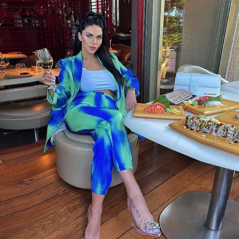 

2021 Women's Jacket Set Lapel Cardigan Deep V Shoulder Pad Slim Long Sleeve Top Pencil Straight Pants Color Two-piece Suit