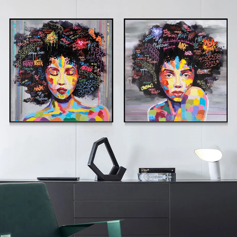 Граффити уличное искусство АФРИКАНСКАЯ ДЕВУШКА с буквами настенное на холсте