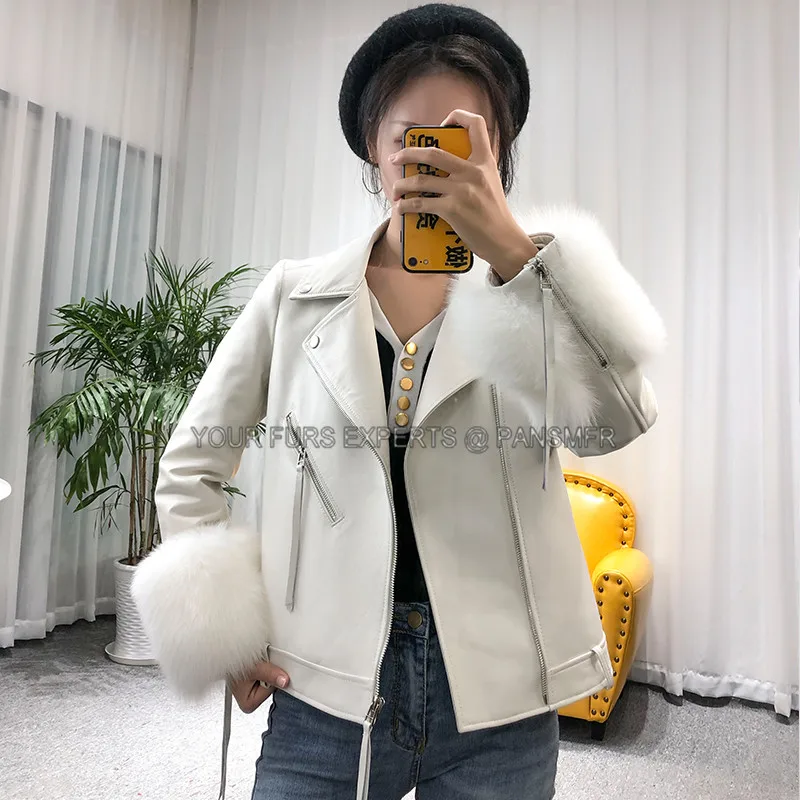 Женская короткая куртка из натуральной овечьей кожи с рукавом лисьего