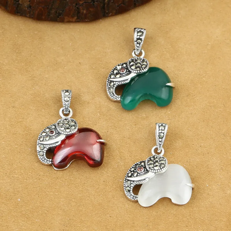 

925 Sterling Silver Jewelry Retro Thai Silver Men And Women Inlaid White Opal Red Garnet Couple Elephant Pendant