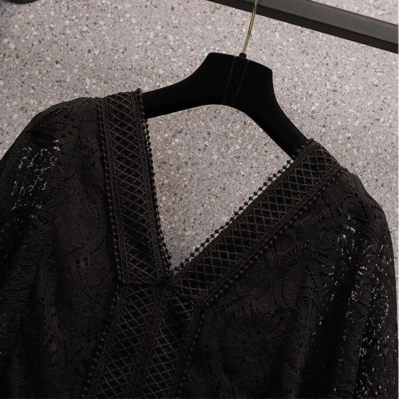 

New Arrival Korean Summer Women's Elegant Loose Hollow Out Party Mesh Lace Vintage High Quality Plus Size Dress Vestido
