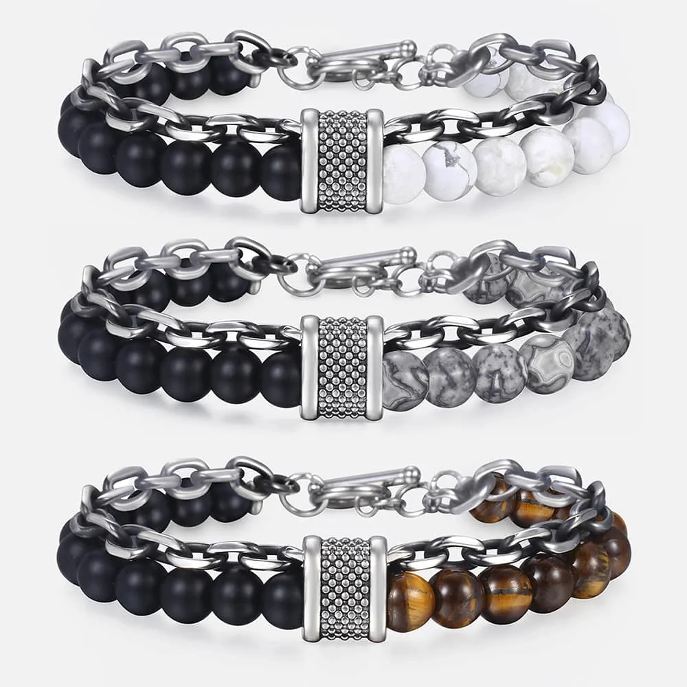 

New Men's Tiger Eye Stone Beaded Bracelet Stainless Steel Gunmetal Link Chain Yoga Bracelet Male Jewelry Dropshipping