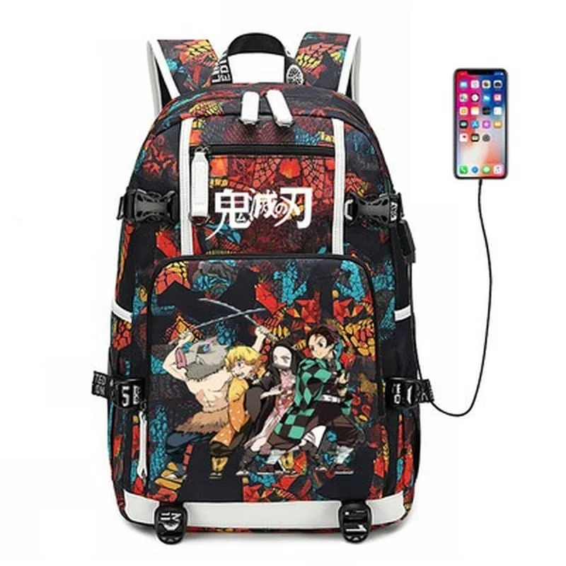 

New Demon Slayer Kimetsu No Yaiba Backpack USB Port Rucksack Bag Snake Pattern Student Teenagers School Bag Travel Laptop Bag
