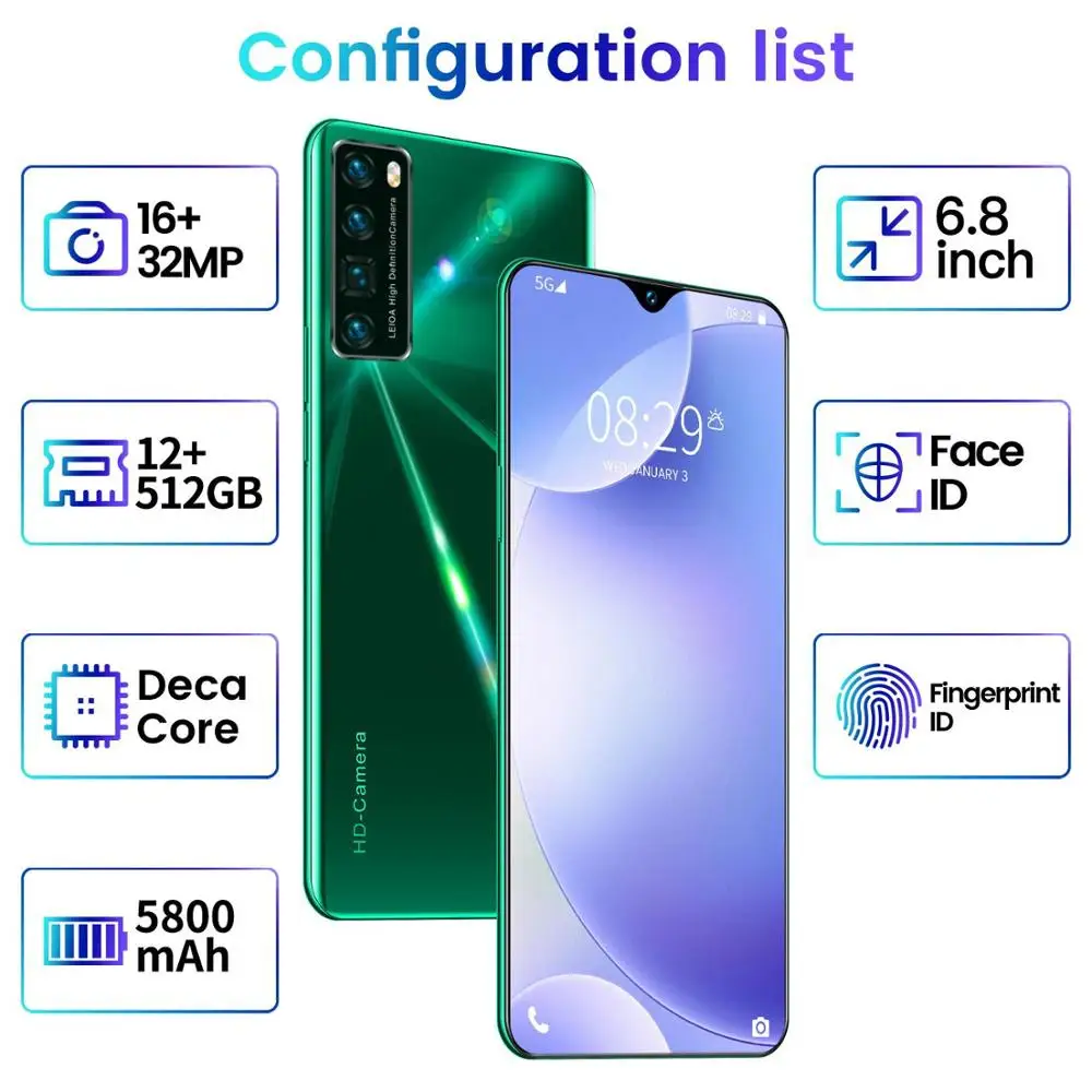

2020 New 6.8" Nowa7 Mobile Phone 12 512GB ROM 10Core 5800MAH Android10 New MediaTek Global 5G Smartphone In Stock Google