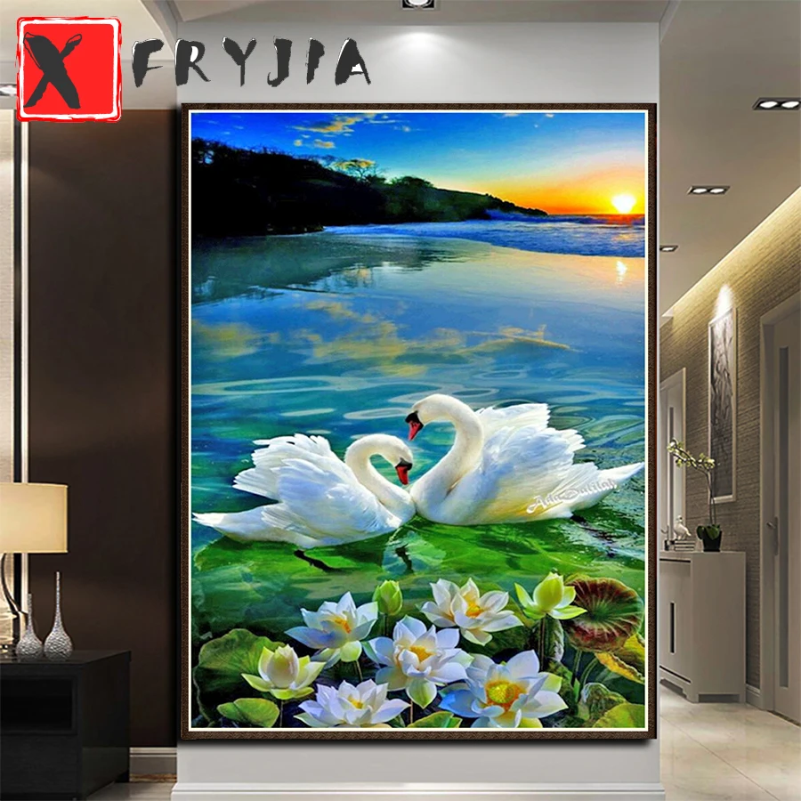 

full square Round diamond 5d landscape diamond painting lakeside swan sunset lotus diy diamond embroidery kit home decoration