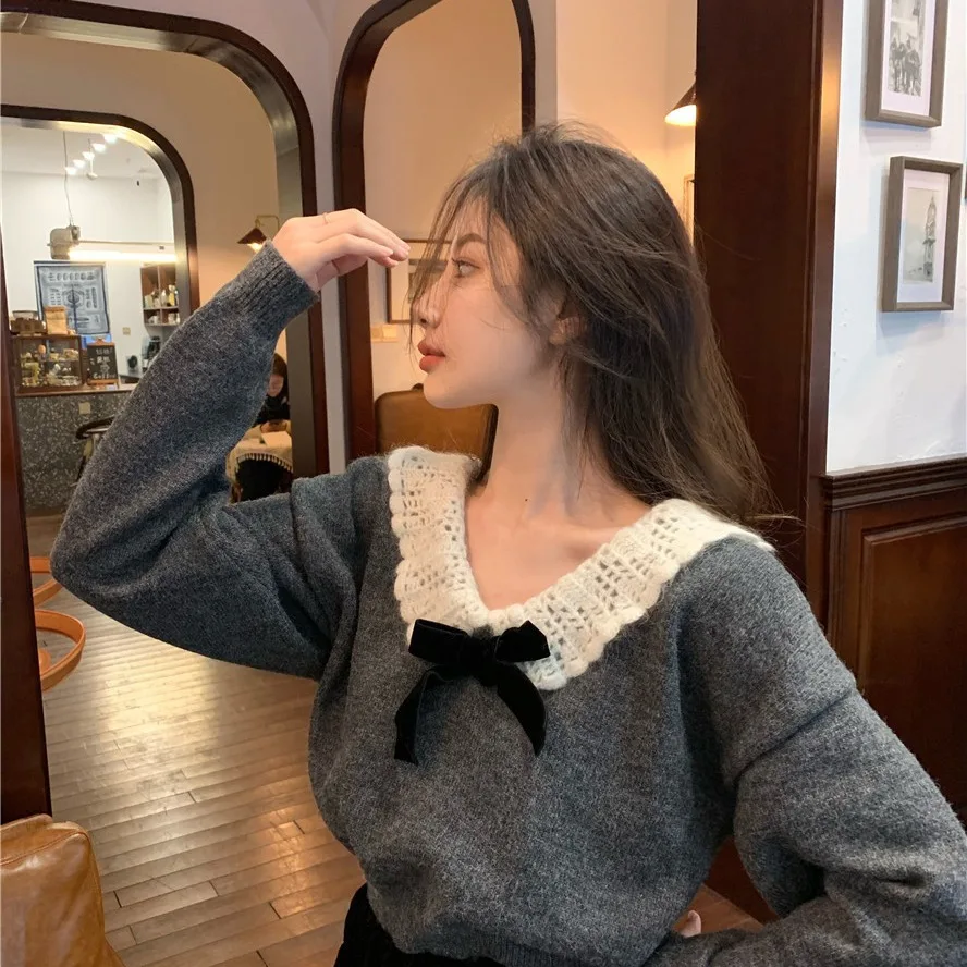 

Женские свитера и пуловеры с милым кукольным воротником, кружевной лоскутный короткий свободный свитер с бантом и длинным рукавом, топы