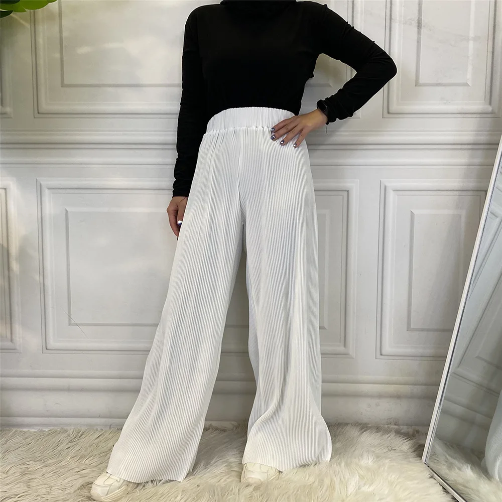 

Arabic Pleated Muslim Pants Soft High Waist Women Pant Abaya Dubai Islamic Modest Clothing Casual Long Trousers Female Slacks