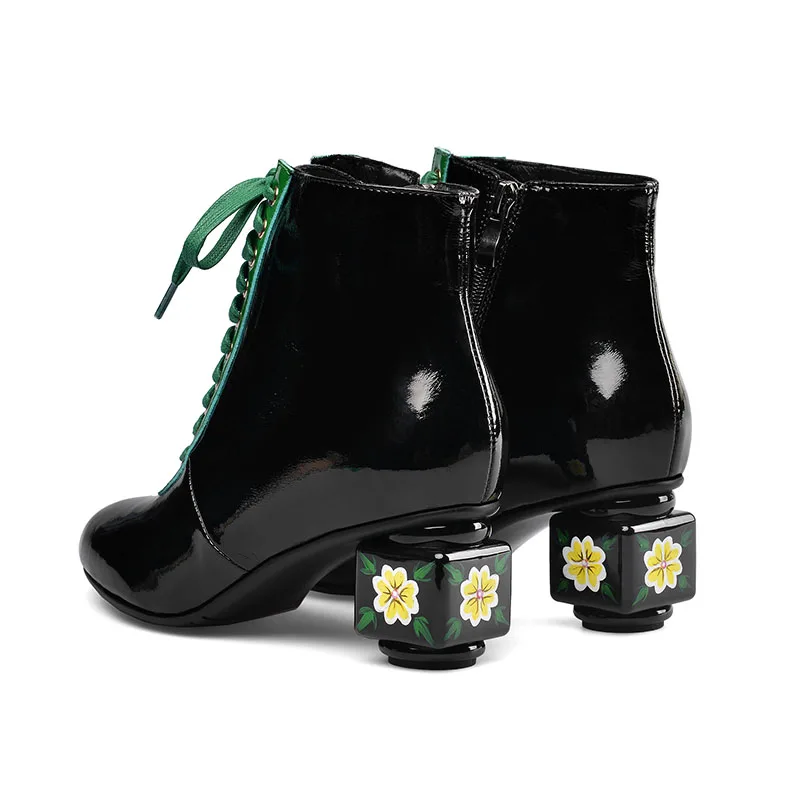 Женские ботинки из натуральной кожи Phoentin ботильоны на среднем каблуке шнуровке с