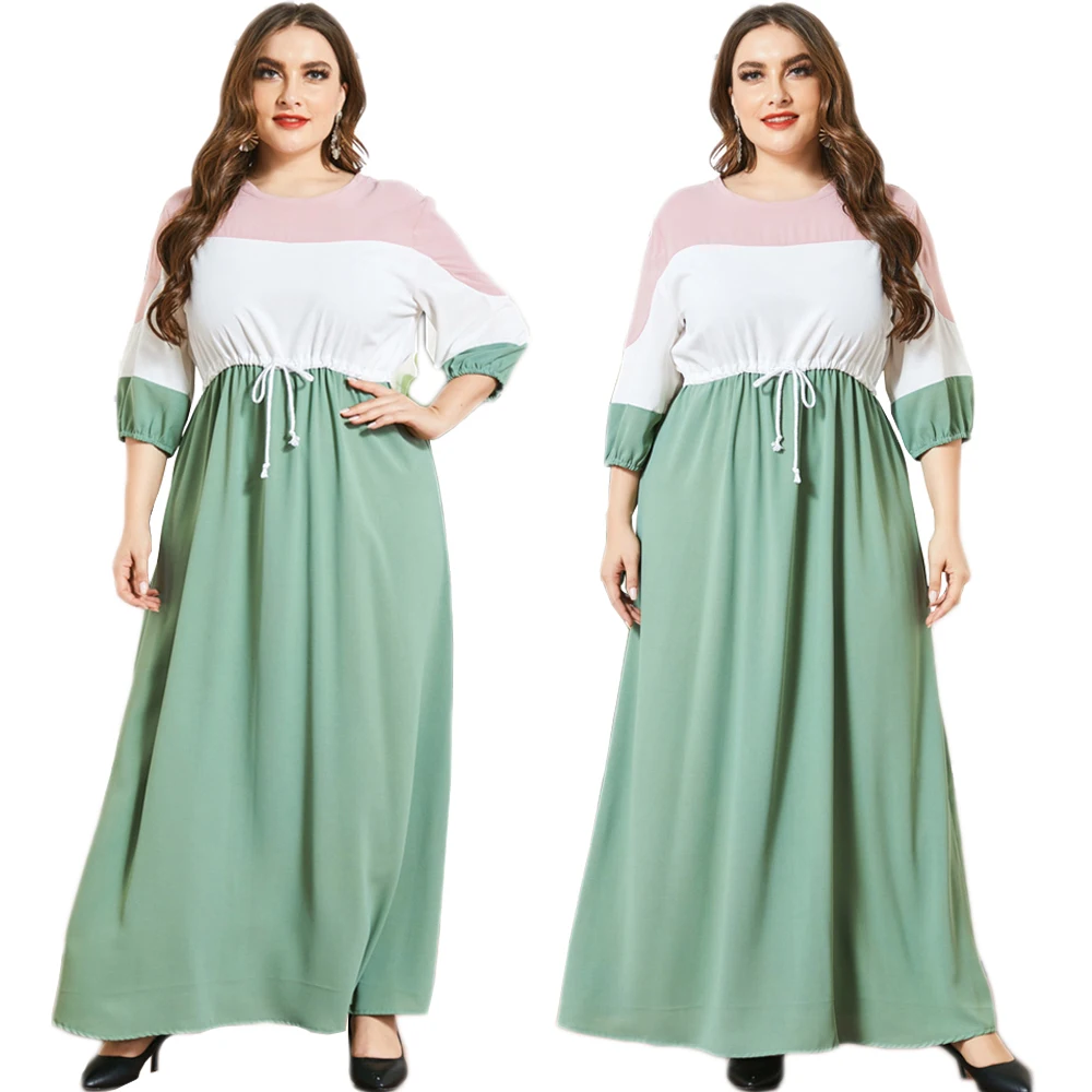 

Color Block Patchwork Long Dress Casual Loose Muslim Women Arab Abaya Plus Size 3/4 Sleeve Middle East Drawstring Fashion