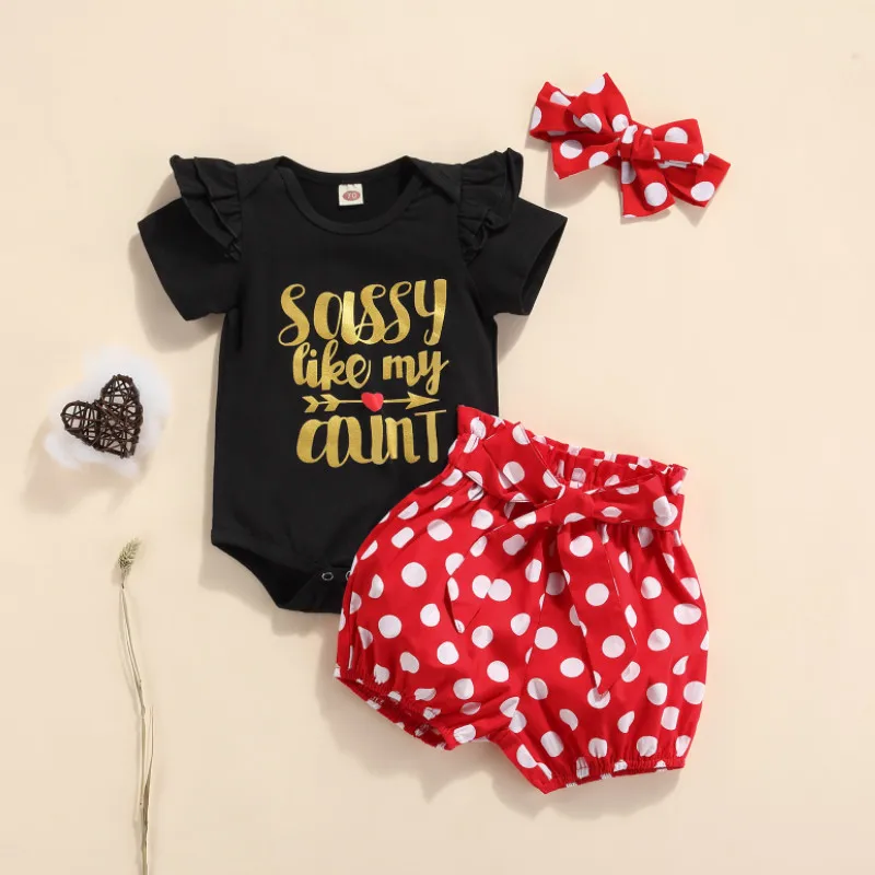 

Three Piece Baby Girl\u2019s Clothes Sweet Letter Short Sleeve Romper and Polka Dot Shorts with Headband Summer