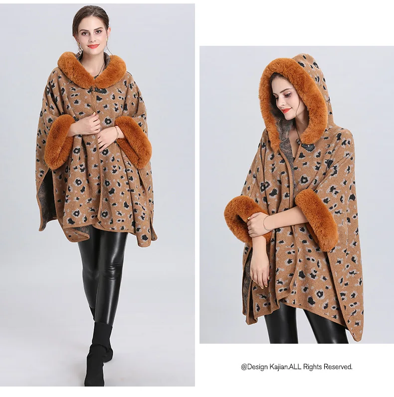 Same Color As Photo Леопардовой расцветки с длинными искусственный Лисий меховой для шеи пальто Для женщин Длинные свободные кардиган зимняя теплая плотная верхняя одежда, вязанный, с большим треугольным вырезом одежда с длинным рукавом Биг плащ - Цвет: Same Color As Photo