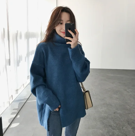 

Winter Knitted Sweater Women Turtleneck Long Sleeve knitting Split Solid Oversized Pullovers Jumpers Female JK261