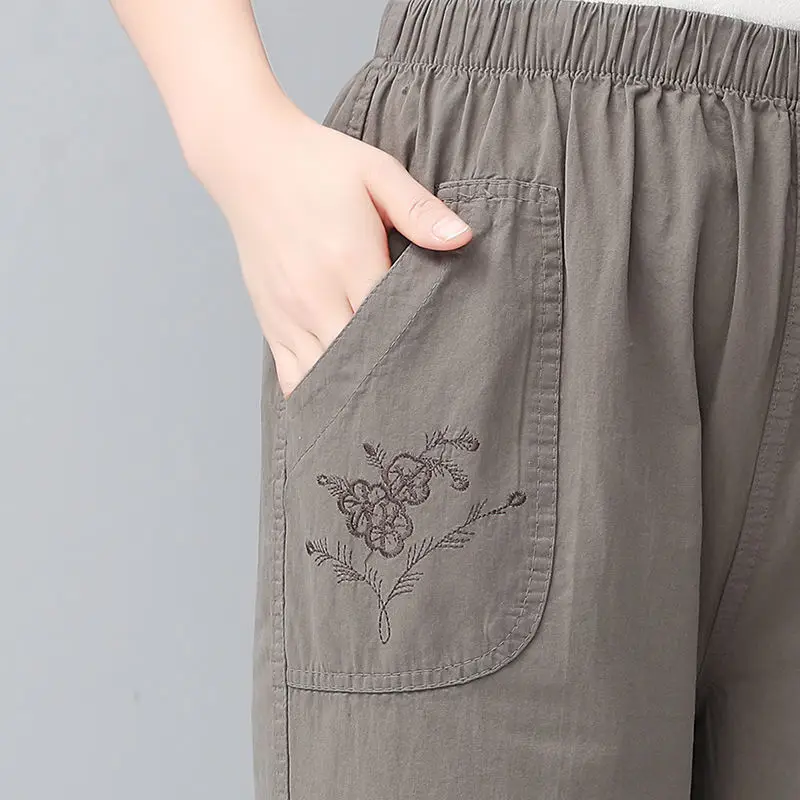 

Middle Aged Womens Spring Summer Pants Casual Solid Elastic Waist Straight Trousers Soft Thin Female Ankle-Length Pants