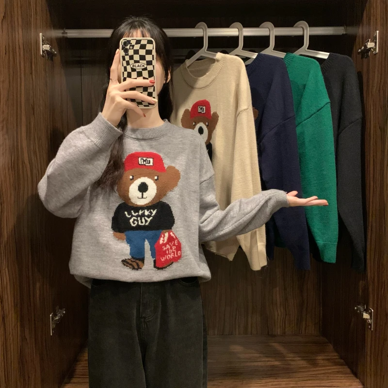

Vintage Cartoon Bear Autumn Winter Knitted Jumpers Women O-Neck Long Sleeve Kawaii Sweater Loose Casual Pullovers Outwear