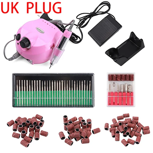 Pink uk plug 30 Вт 35000 об/мин профессиональный электрический сверлильный станок для ногтей оборудование для маникюра педикюра напильники Аксессуары сверла для ногтей 300 шт шлифовальный станок - Цвет: Pink uk plug