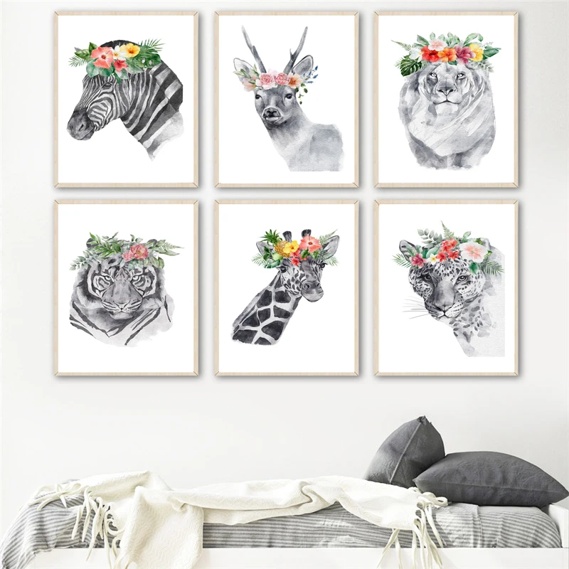 Акварельные животные искусство дикий зверь головы с цветами Холст Плакаты лев