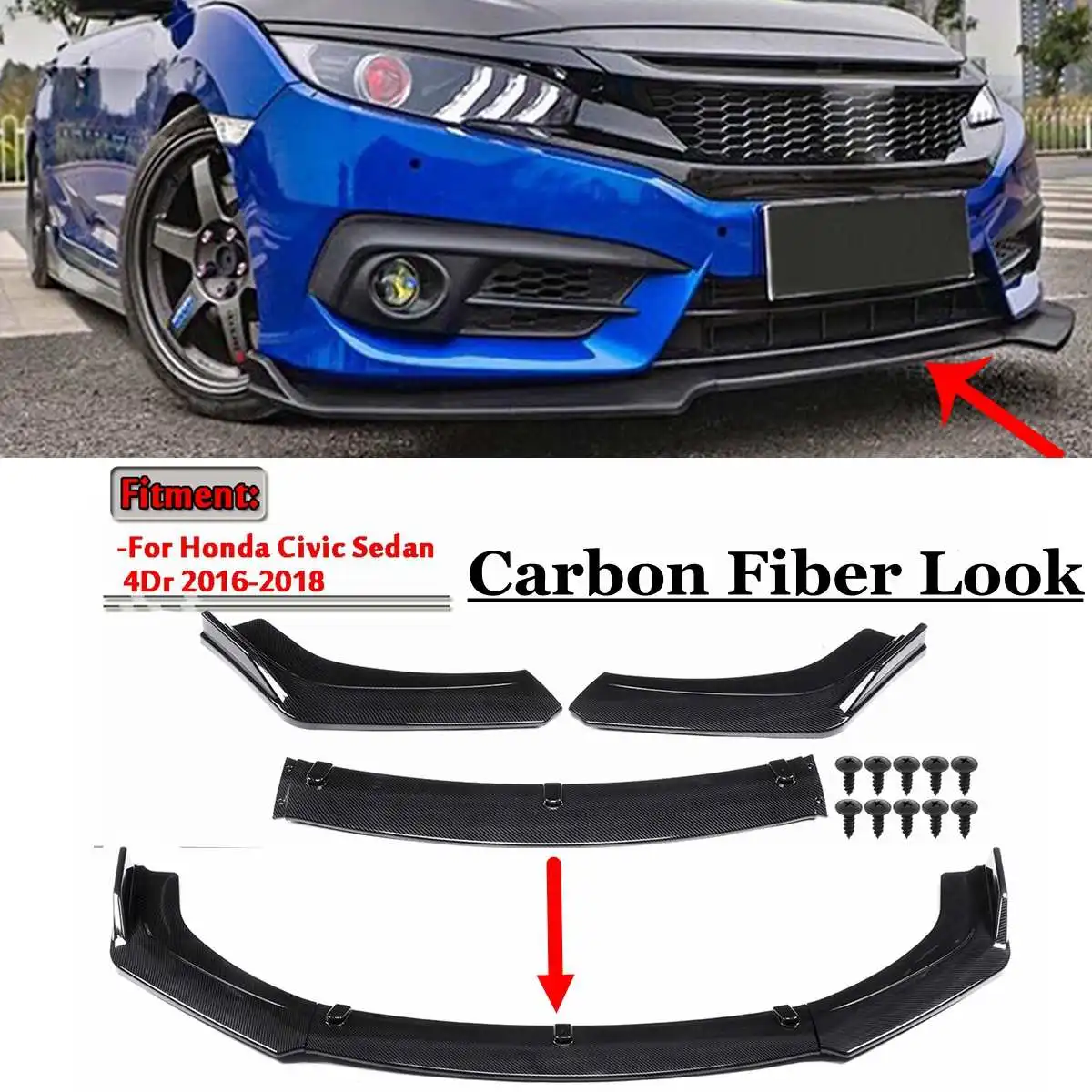 Parachoques delantero inferior de coche, Kit de carrocería de alerón con apariencia de fibra de carbono, color negro, para Honda, Civic, Sedan 4Dr, 2016, 2017, 2018, 3 unidades